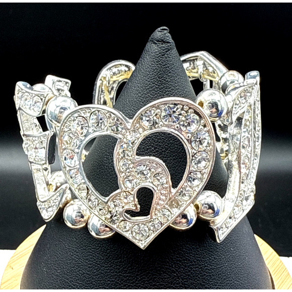 Crystal Bracelet LOVE Bling Rhinestone Heart Silver Tone 6.5" Stretch Bangle - Picture 1 of 9